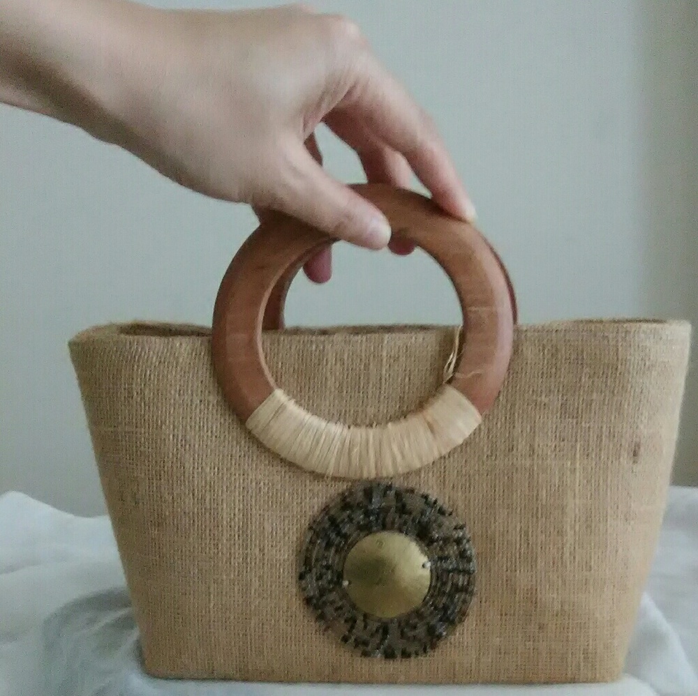 Hot Mini Jute Small Handbag w Wood Handle